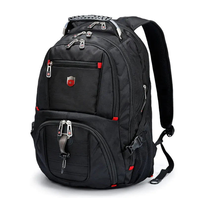 Black outdoor backpack with hand, shoulder, and backpack straps, polyester lining, fits 15.6 inch laptop
