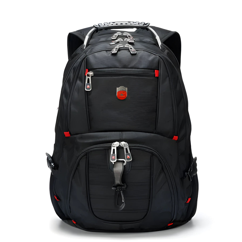 Black outdoor backpack with hand, shoulder, and backpack straps, polyester lining, fits 15.6 inch laptop