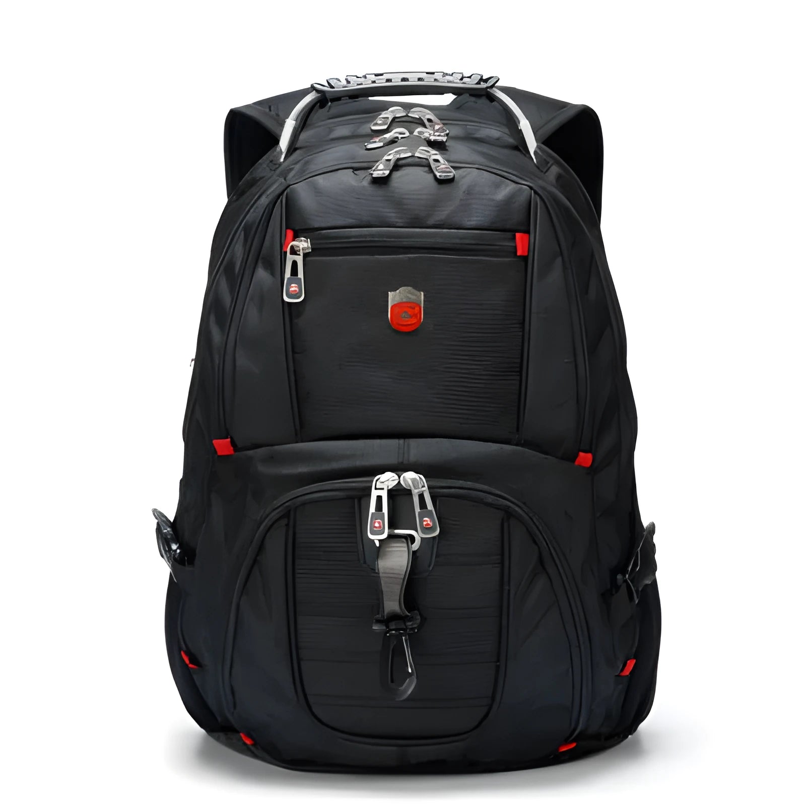 Black outdoor backpack with hand, shoulder, and backpack straps, polyester lining, fits 15.6 inch laptop