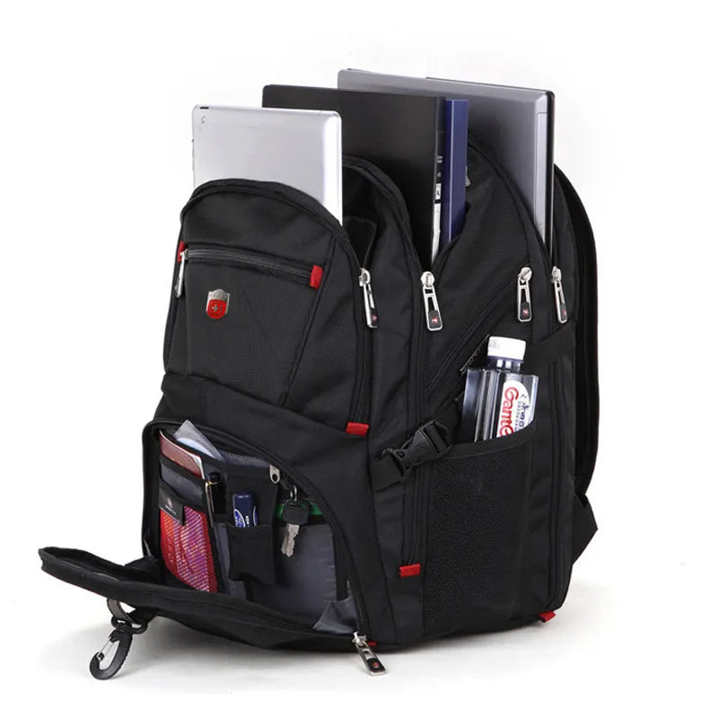 Black outdoor backpack with hand, shoulder, and backpack straps, polyester lining, fits 15.6 inch laptop