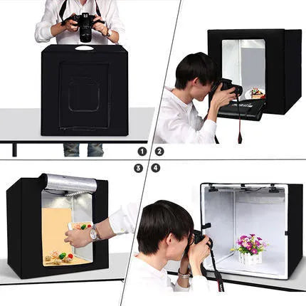 Black LED studio 60cm light box unfolded with 64cm cube workspace and polyester background screen