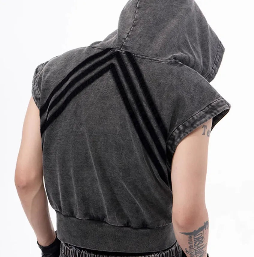 Black and grey stitching fur sleeveless hooded tank top and matching trousers set on a hanger