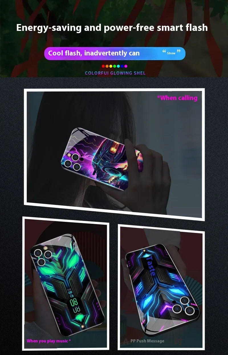 Racing car creative style light glass phone case in green or purple, half pack design for iPhone 11 to 15 series