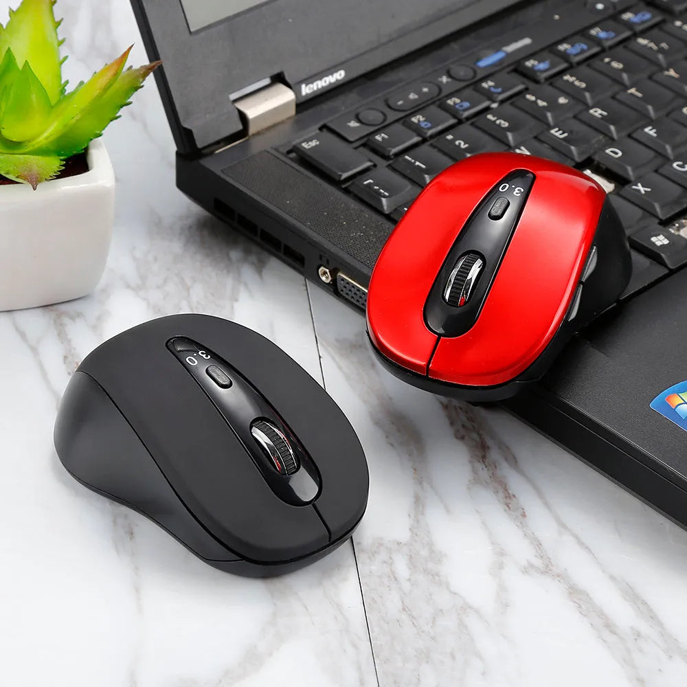 Wireless dual-mode mouse in black with ergonomic shape showing left and right buttons and scroll wheel