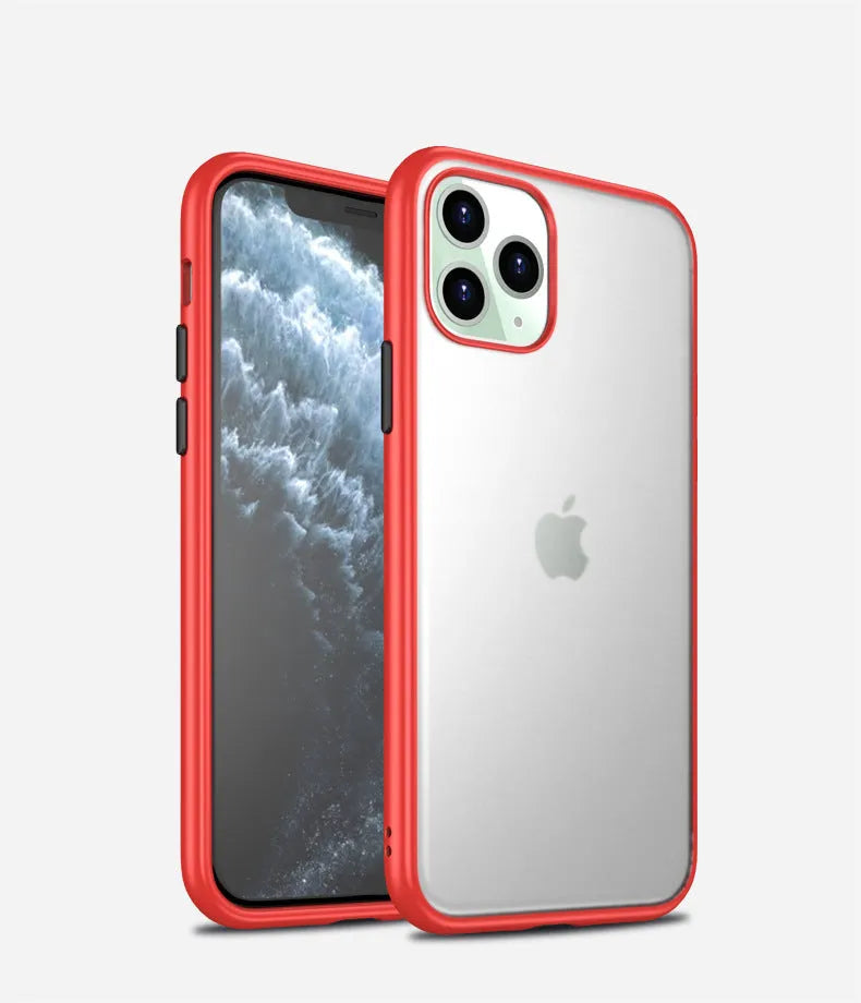 Frosted TPU and hard PC protective phone case for iPhone 11 models in black, green, purple, or red