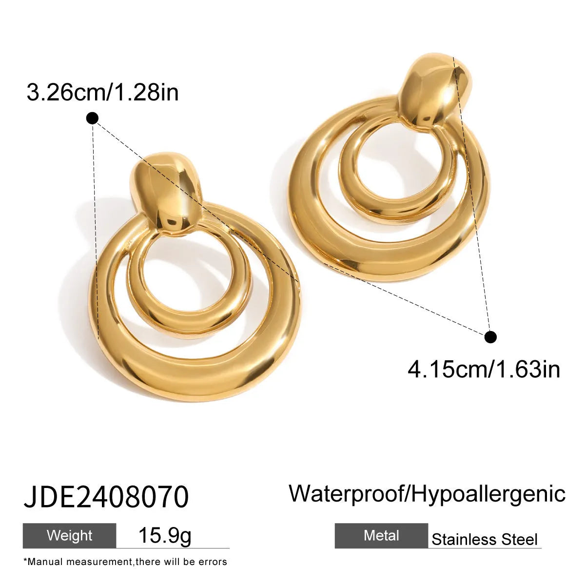 Round golden double layer hollow stud earrings with a geometric design on a white background.