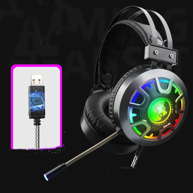 M5 gaming headset with RGB lighting on earcups, leather padding, and a flexible gold steel headband.