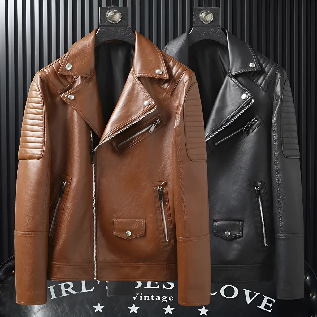 Slim-fit PU leather biker jacket for men in black, featuring zipper pocket and stand collar