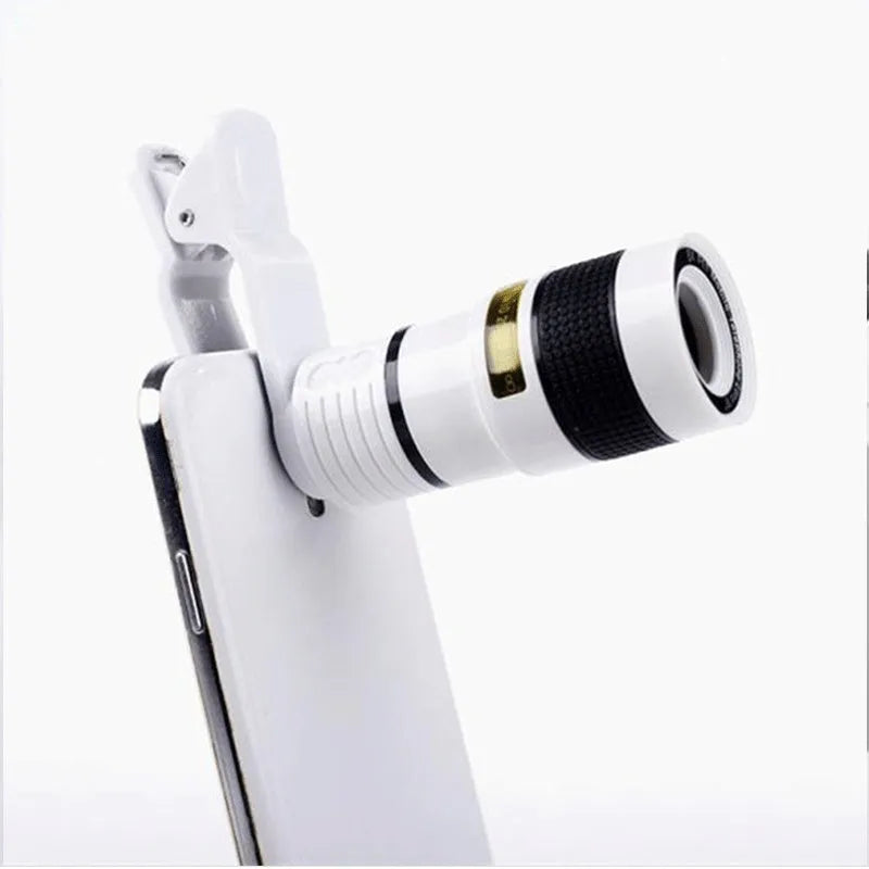 12X magnification phone telescope with mounting clip and cleaning cloth on a white background.
