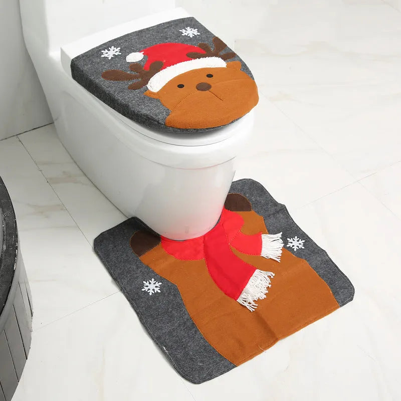 Christmas bathroom decoration set with Santa Claus shower curtain, toilet cover, and non-slip flannel floor mat