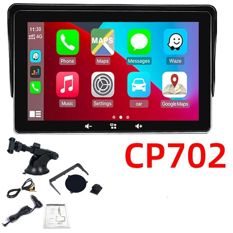 7-inch wireless CarPlay display unit with suction cup mount on a car dashboard