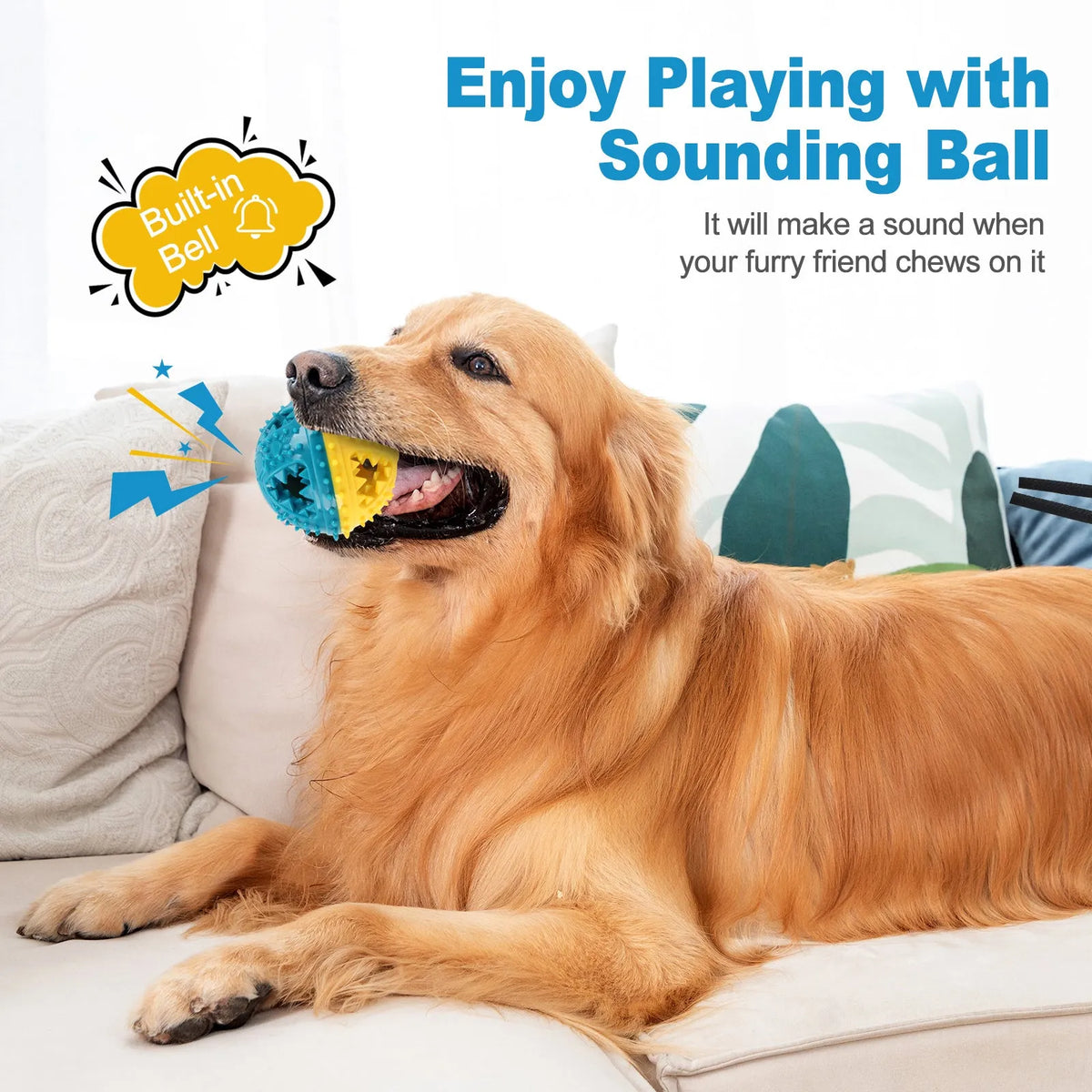 Dog chew toy ball with treat dispenser and bell, 8.4 cm, in red and yellow colour combination