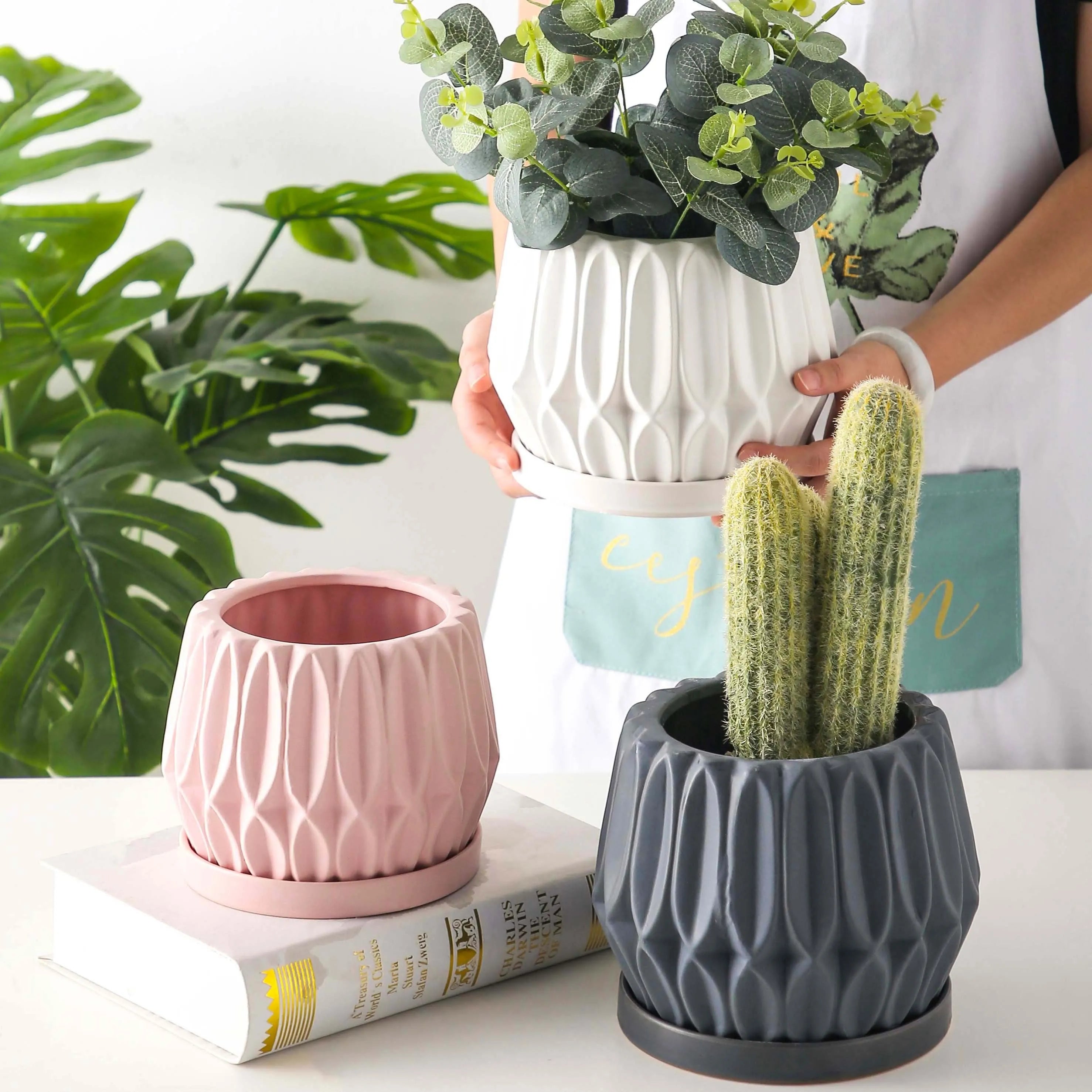 Grey ceramic tabletop flowerpot for plants with simple design and medium size