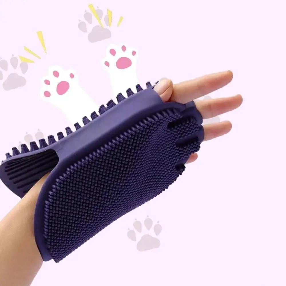 Purple TPR pet shampoo brush with ergonomic handle and soft bristles for dog and cat grooming
