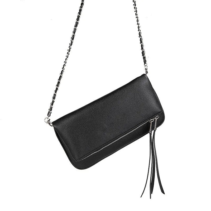 Women's soft PU leather chain folding clutch messenger bag with double straps in black classic colour