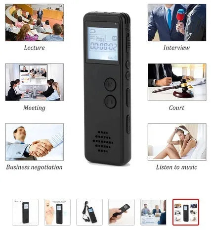 Black matte-finish digital voice recorder with screen, showing one-key recording button and 3.5mm jack.