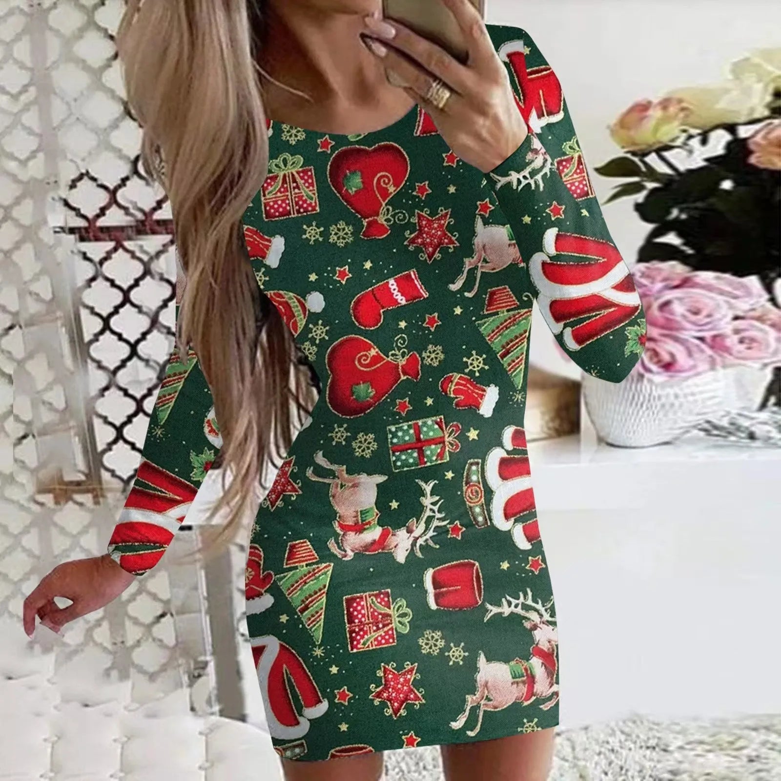 Red printed Christmas dress with animal pattern, round neck, long sleeves, and a tight-fitting hip skirt.