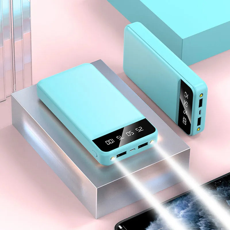 20000mAh polymer power bank with multi USB ports in black white pink blue colour options