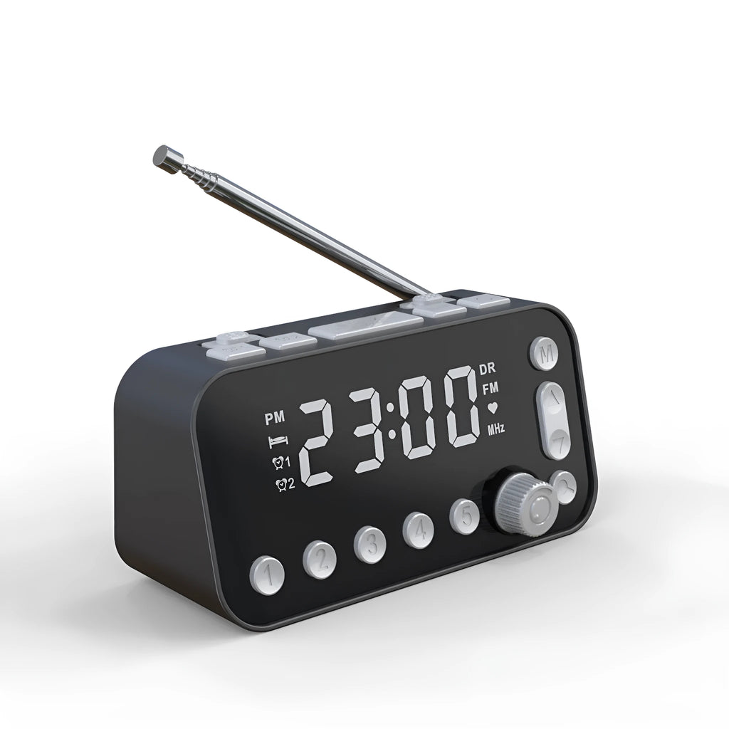 Black DAB bedside alarm clock with large LED display, USB charging ports, and pig tail antenna