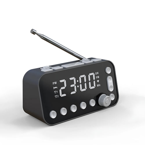 Black DAB bedside alarm clock with large LED display, USB charging ports, and pig tail antenna