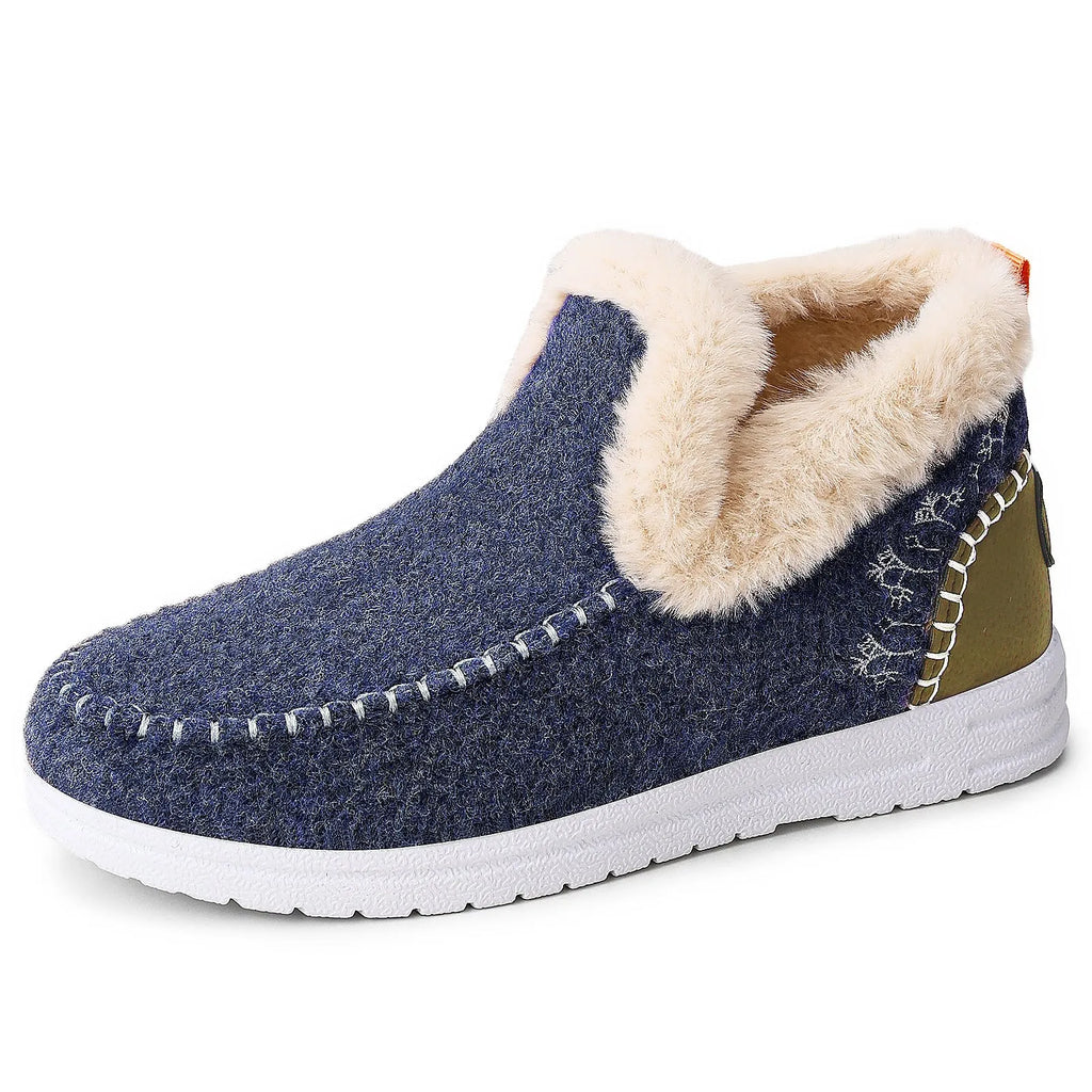 Pair of women's cold-proof cotton overboots with flat heel and PVC sole, shown in a choice of colours