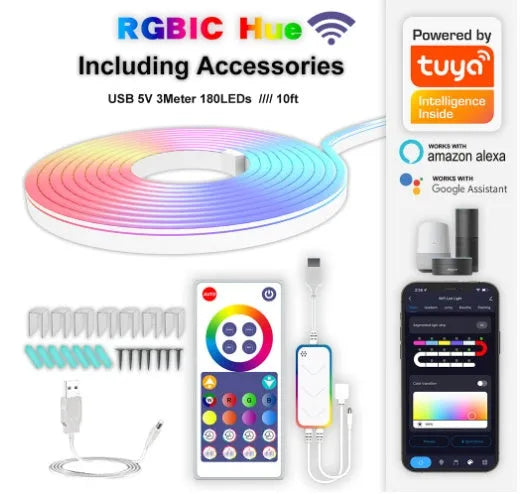 3 metre long USB-powered RGB magic colour neon LED light strip with remote control on a white background.