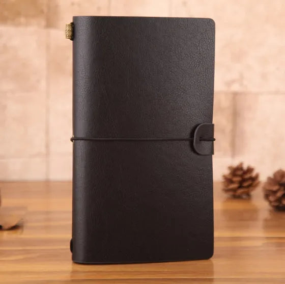 A6 vintage travellers notebook with PU cover, 200 x 120mm, shown in Black, Brown, Light Green, Orange, or Red