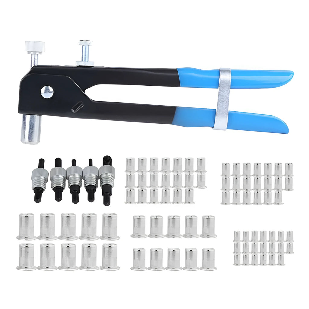 Alloy steel manual riveter tool with a selection of nut rivet fasteners from the kit.