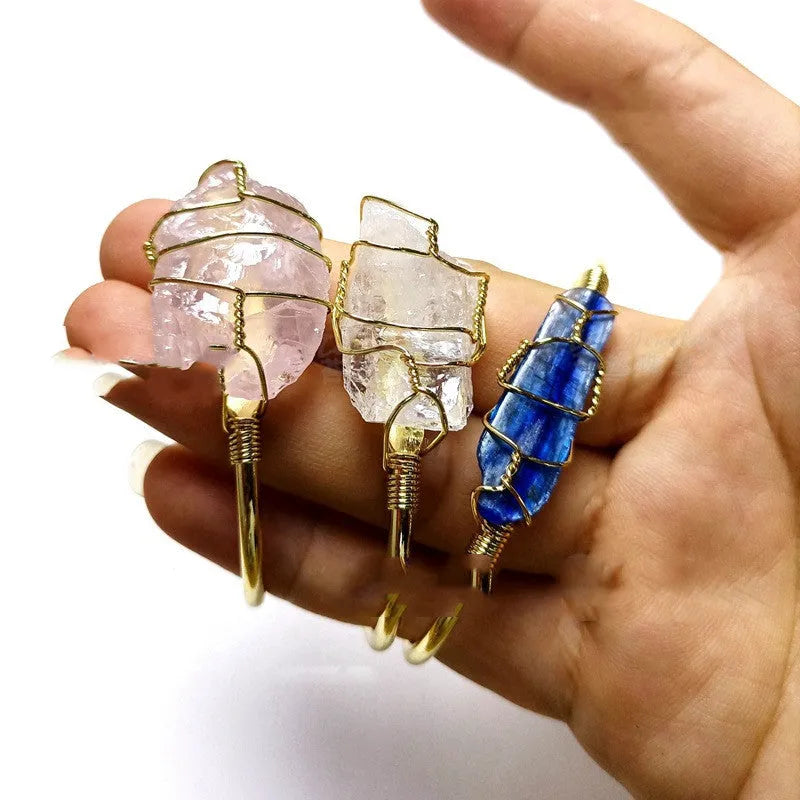 Natural crystal rough stone bracelet with geometric gold winding bohemian design