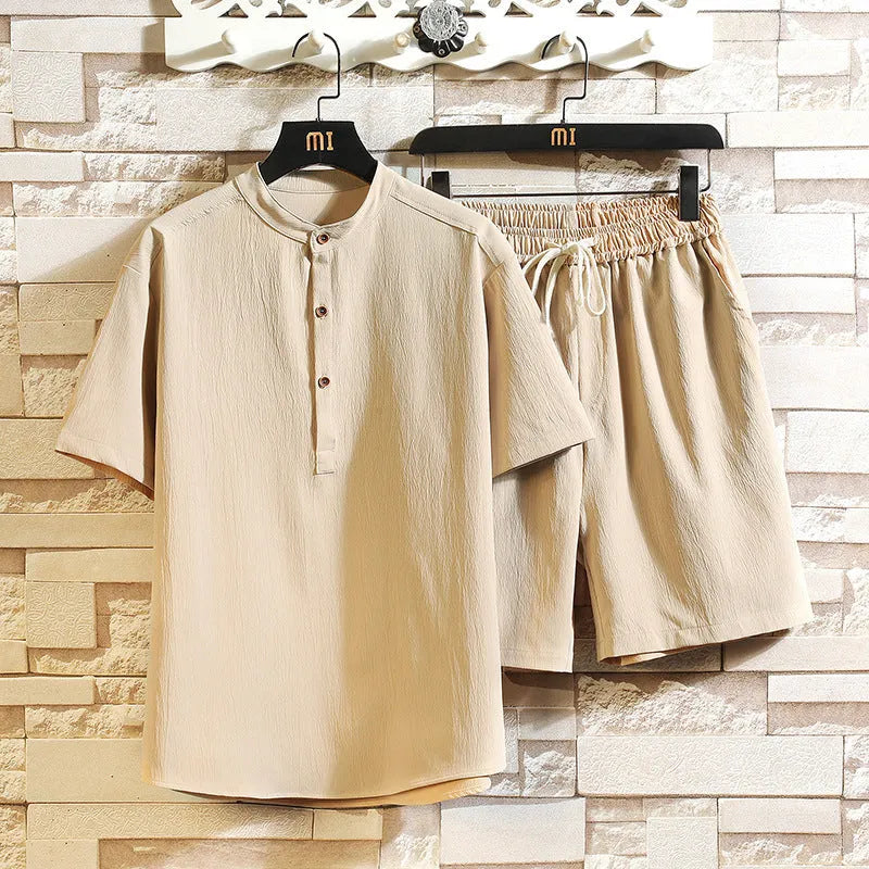 Chinese style two-piece suit with stand collar and short sleeves in a relaxed fit for summer leisure wear