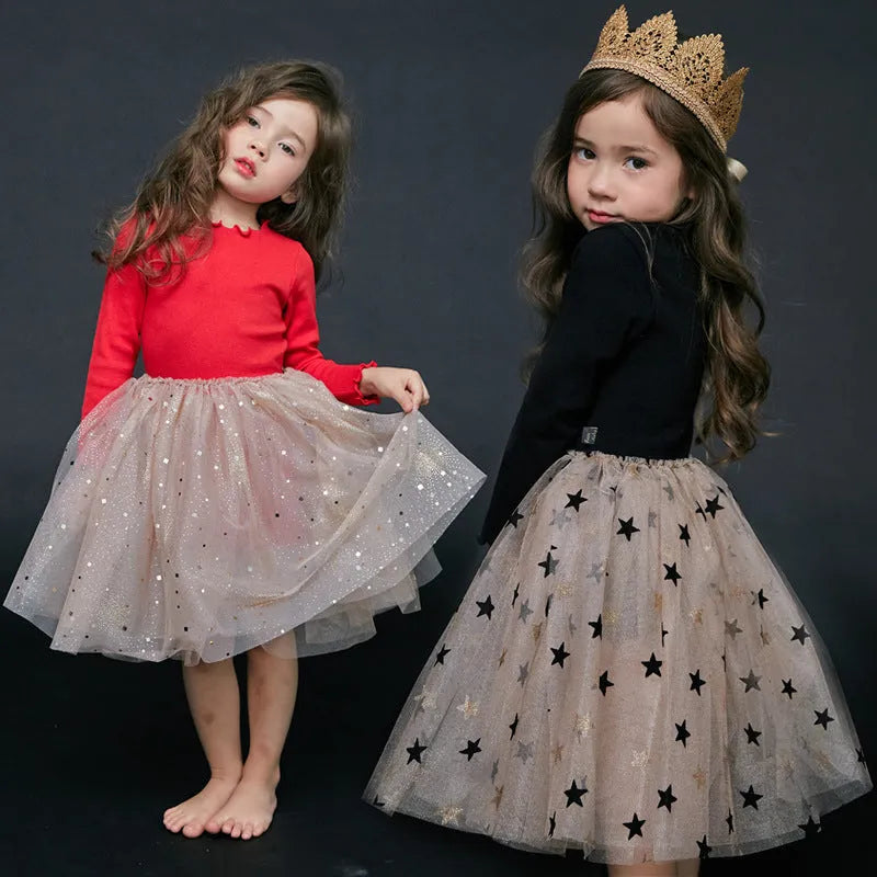 Red cotton children's Christmas dress with long princess sleeves, lace detailing, and bow accents for ages 3-8