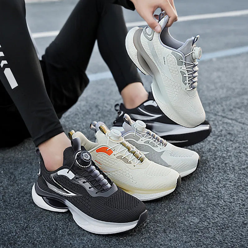Men's white rotating buckle sports shoes with breathable mesh upper and Korean style design