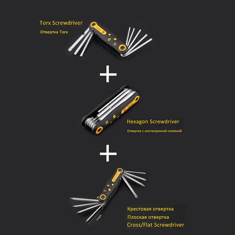 Folding 8-piece metric Allen wrench set in chrome vanadium alloy steel with fold-out hex, cross, and Plum Blossom keys