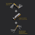 Folding 8-piece metric Allen wrench set in chrome vanadium alloy steel with fold-out hex, cross, and Plum Blossom keys