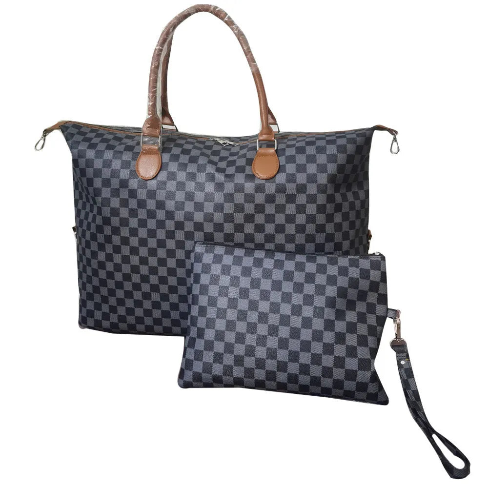 PU leather plaid travel bag set with large bag and detachable small pouch on white background