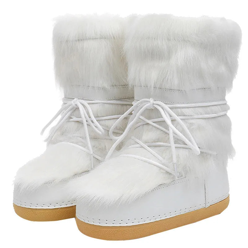 White fur winter space boots for women with fleece lining, mid-top, 2cm flat heel and PE sole