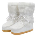 White fur winter space boots for women with fleece lining, mid-top, 2cm flat heel and PE sole