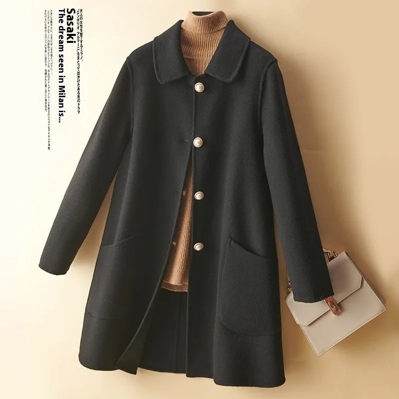 Women's double-faced wool coat with doll collar and pearl buckle in mid-length cut