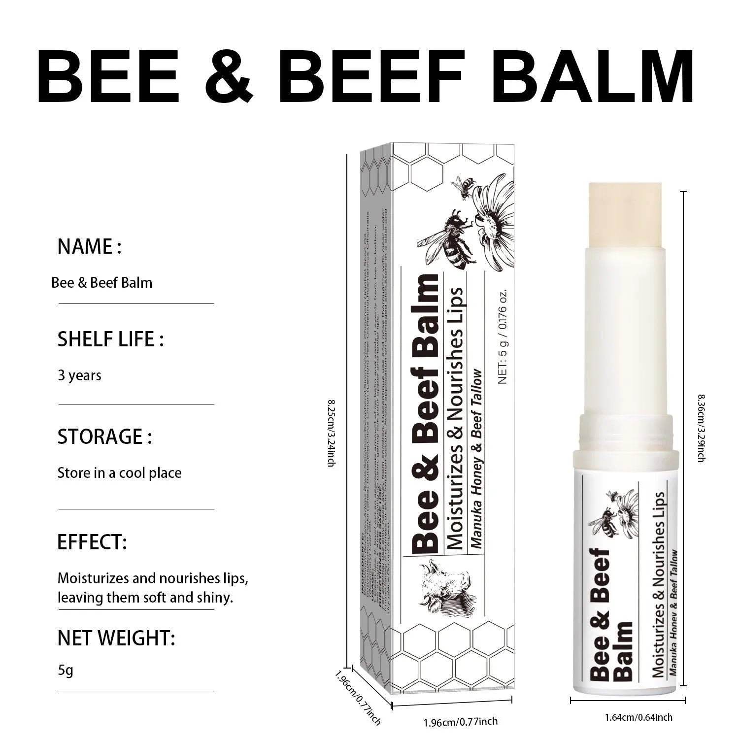 Organic grass-fed beef fat lip balm tube measuring 83mm with 5g content for dry lips