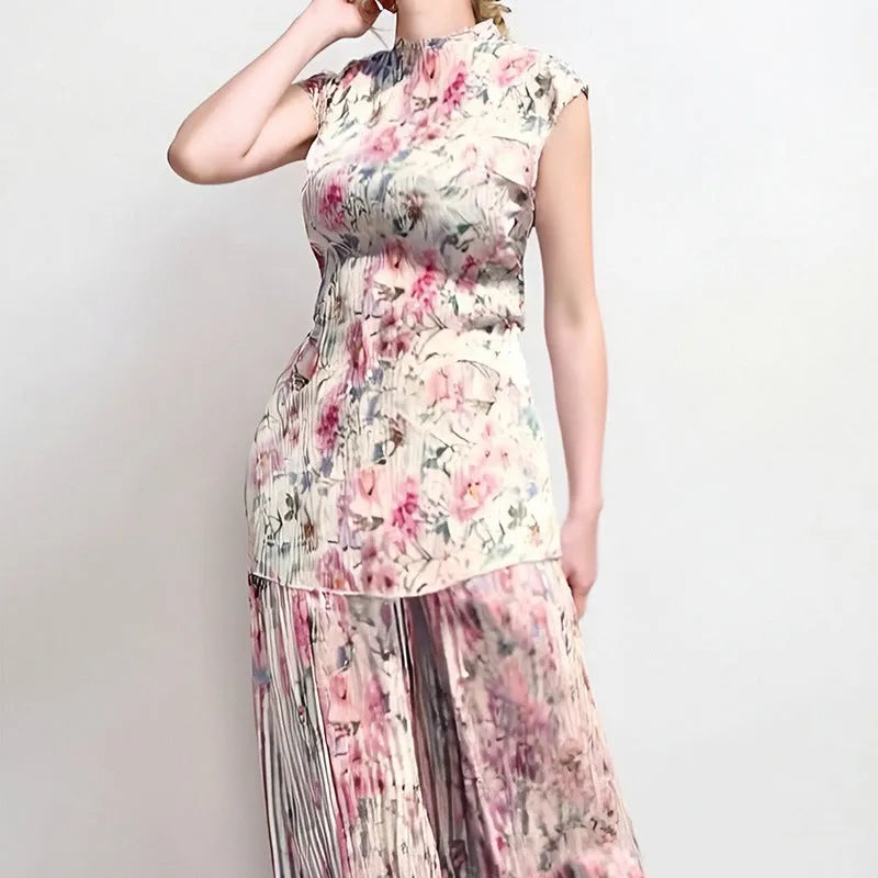 Long sleeve printed chiffon dress and matching skirt set on a hanger, high waist design