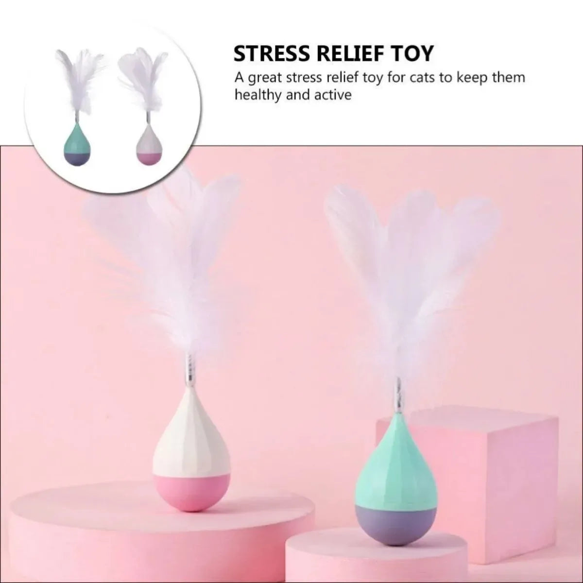 Green and pink feather tumbler cat toy with bite-resistant tease stick and goose feathers