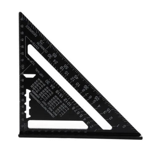 Black aluminium triangle ruler square showing 90-degree and 45-degree angles with measurement markings