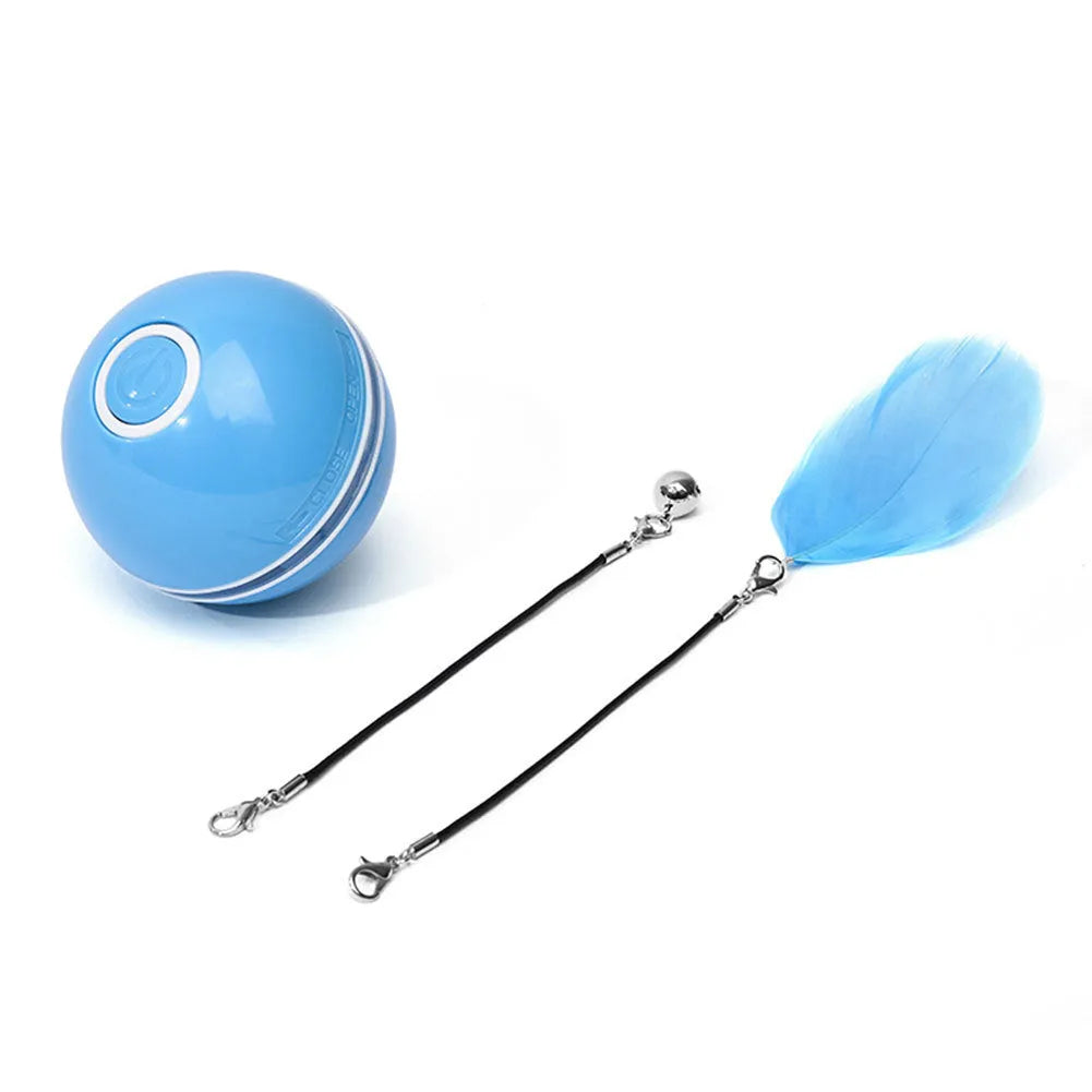 Colorful LED laser funny cat ball, USB rechargeable, 6.4cm diameter ABS plastic, with feather and bell