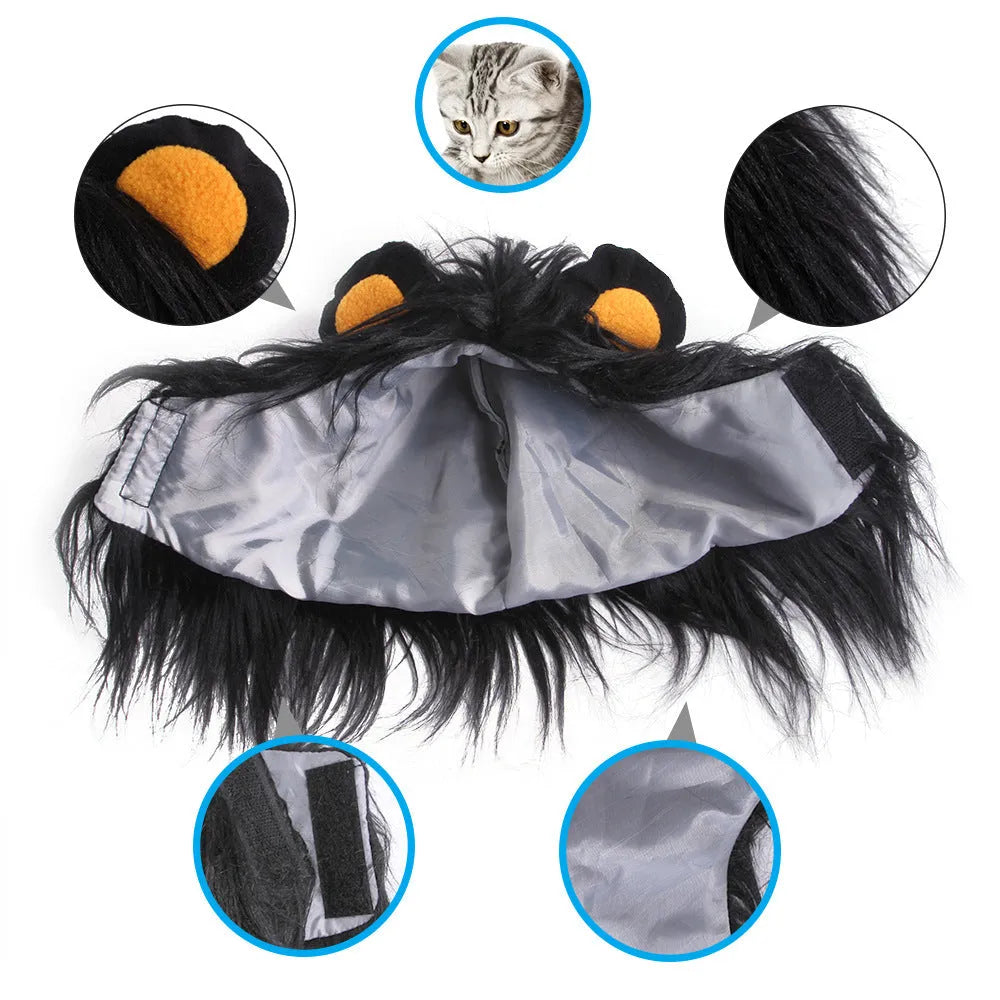 Black and white lion mane wig hat headgear for a cat or small dog wearing the costume.