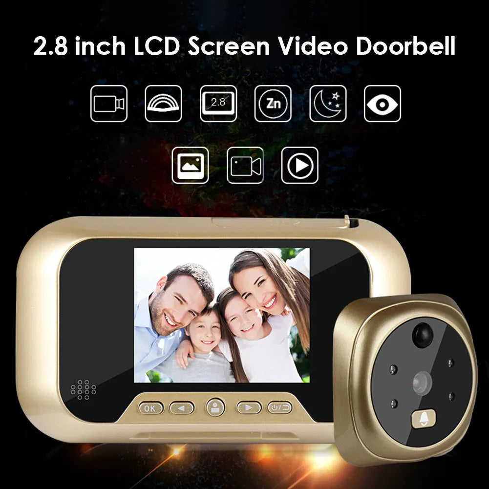 Gold video doorbell with 2.8-inch TFT screen showing infrared night vision mode on a wooden door