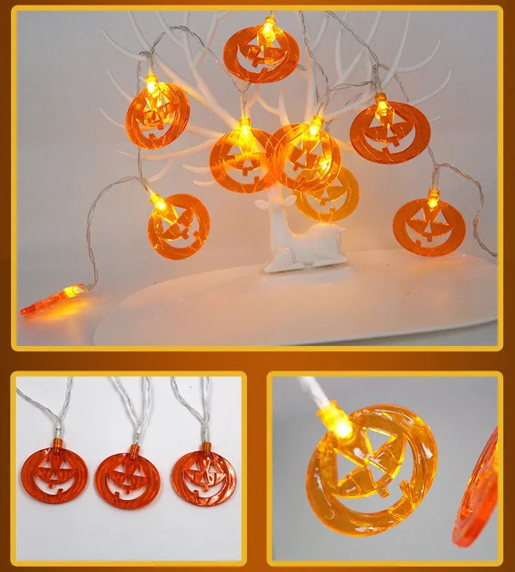 Halloween pumpkin and ghost LED string lights with battery pack and multiple pendant designs