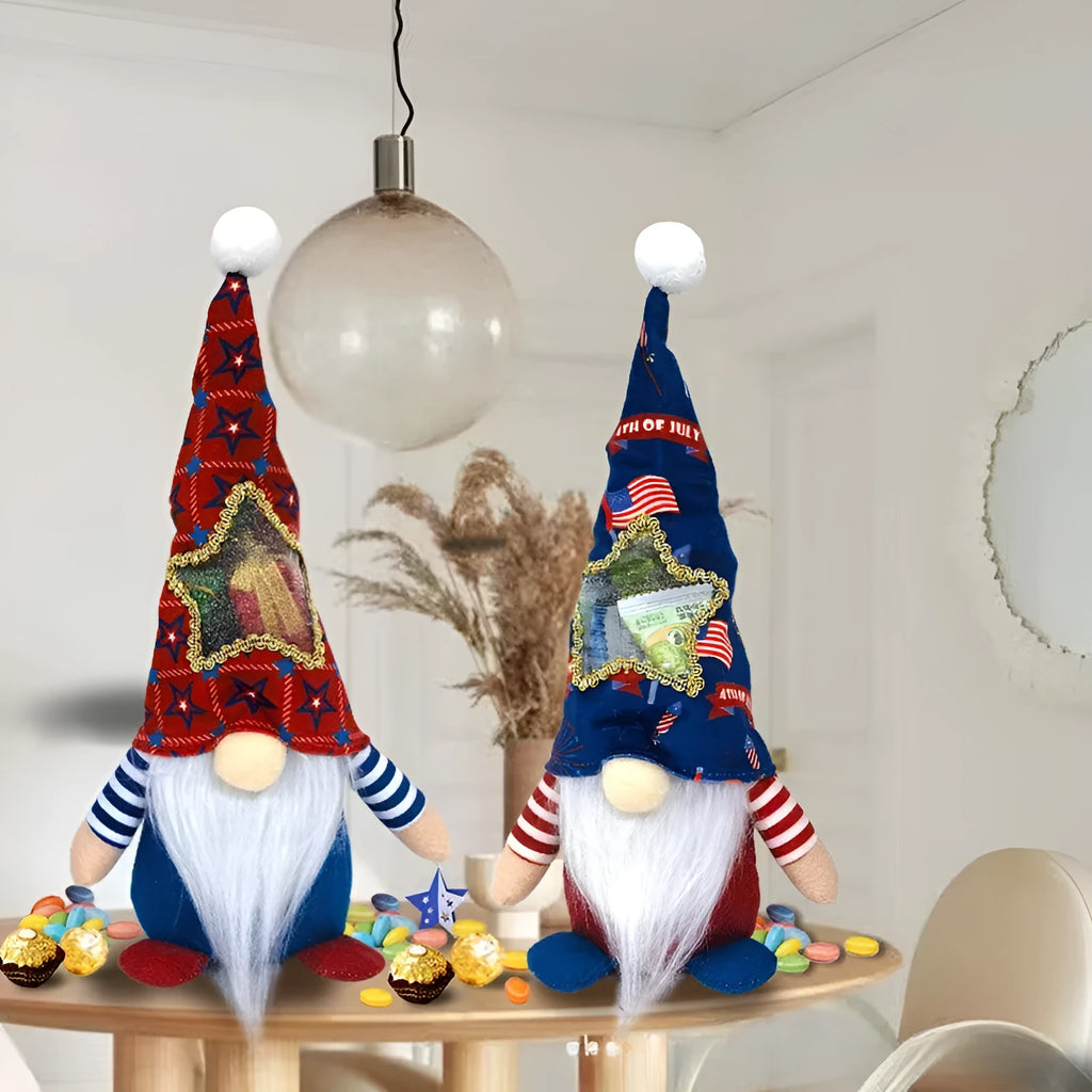 Two matching red and white faceless Rudolf suit doll candy bag Christmas ornaments hanging.
