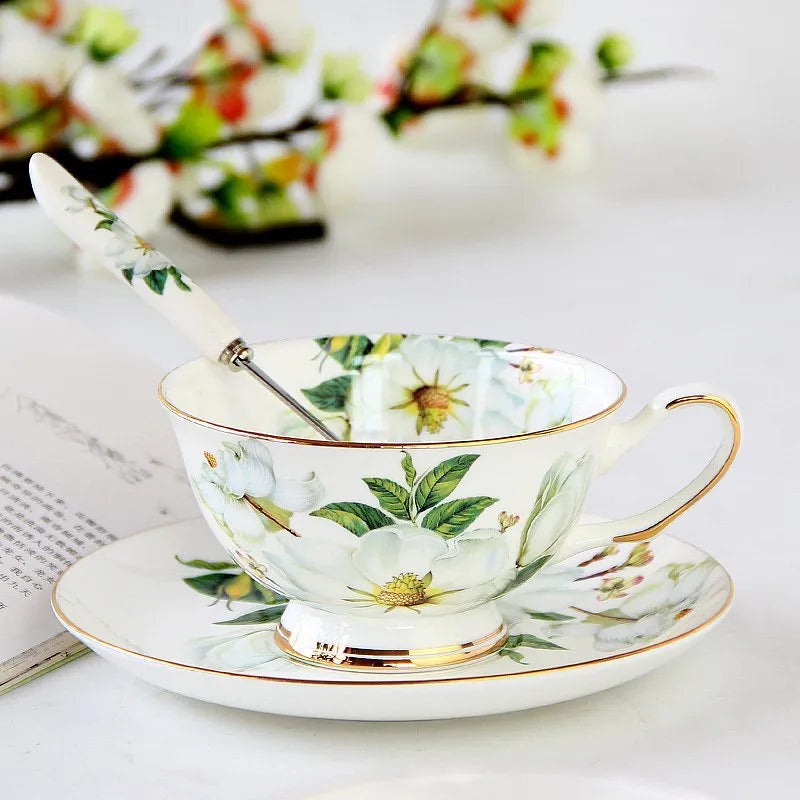 European porcelain coffee cup and saucer set with pastoral style pattern in assorted colours