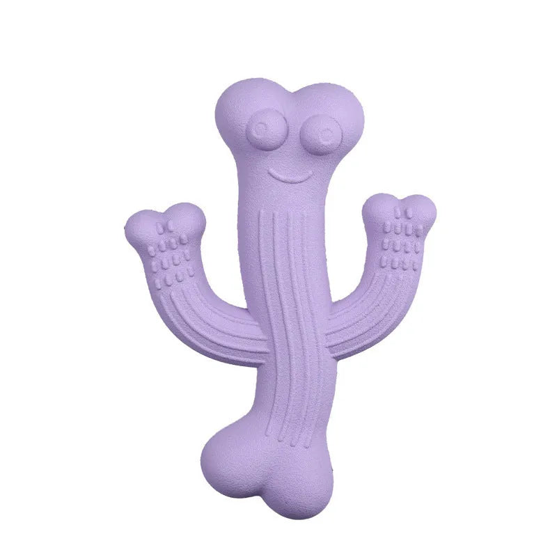 Beige, blue, and purple cactus-shaped dog chew toy made from bamboo fibre and rubber