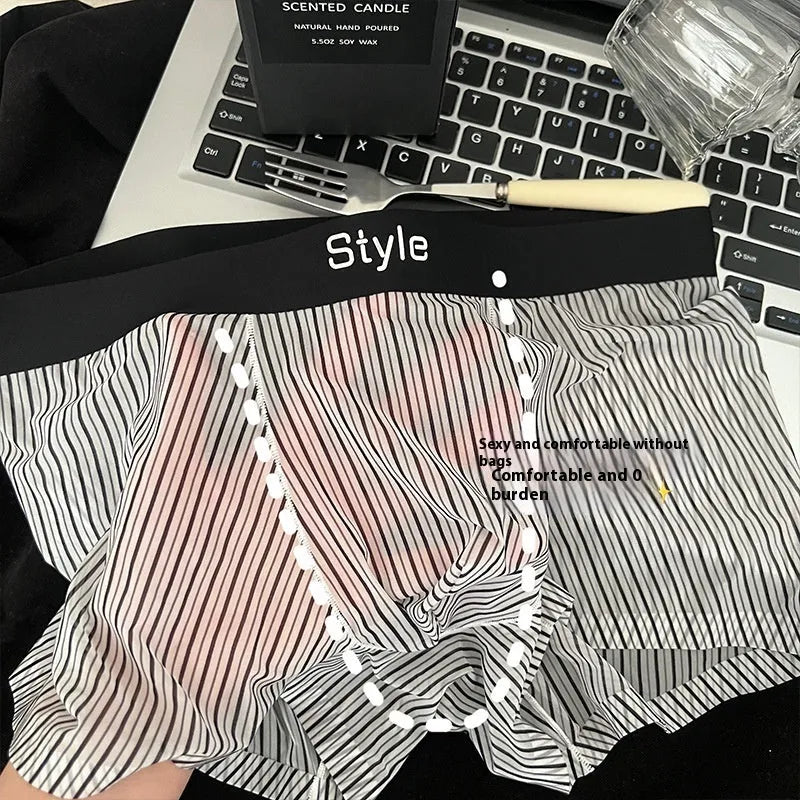 Men's ice silk boxer briefs in black showing seamless design and transparent crotch panel.